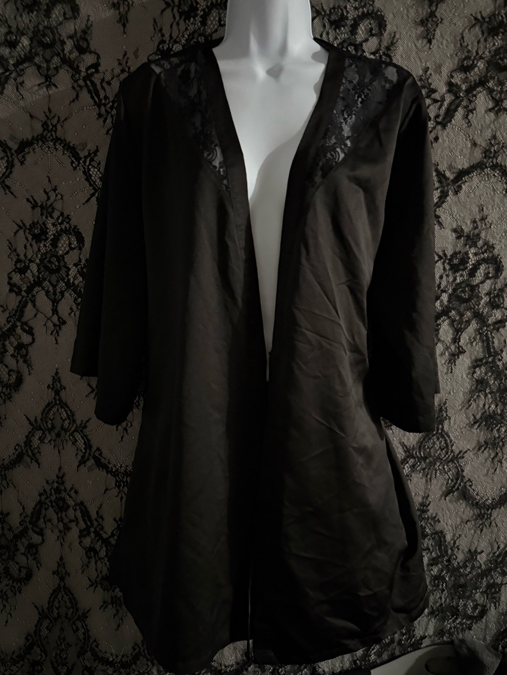 Victoria's Secret black lace robe with lace trim on the neckline and sleeves
